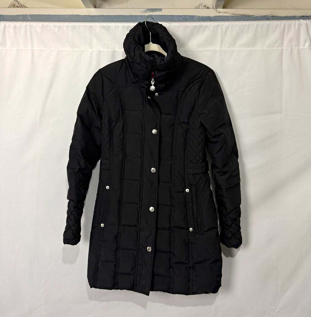 Betsey Johnson Women's Black Mid-Length Puffer Coat Button Zipper Front Sz XS